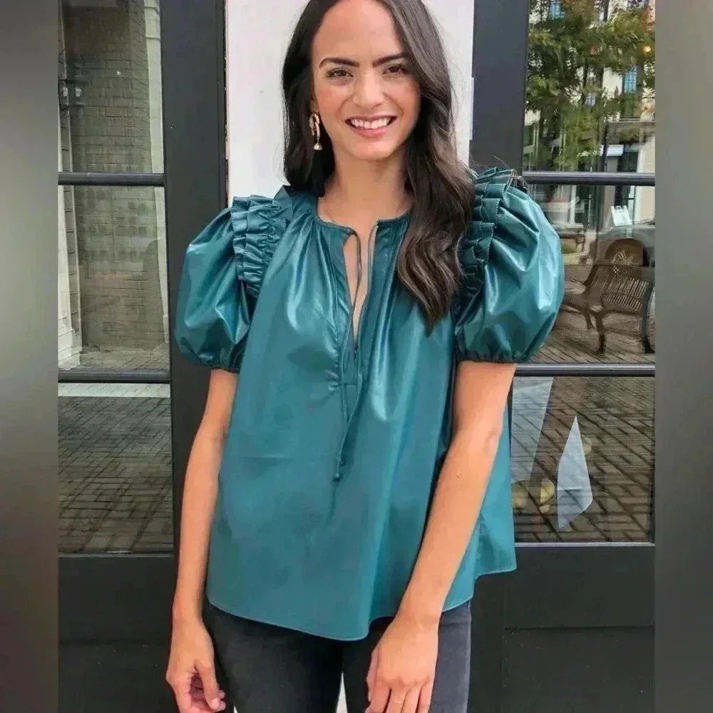 Karlie Teal Puff Sleeve Blouse